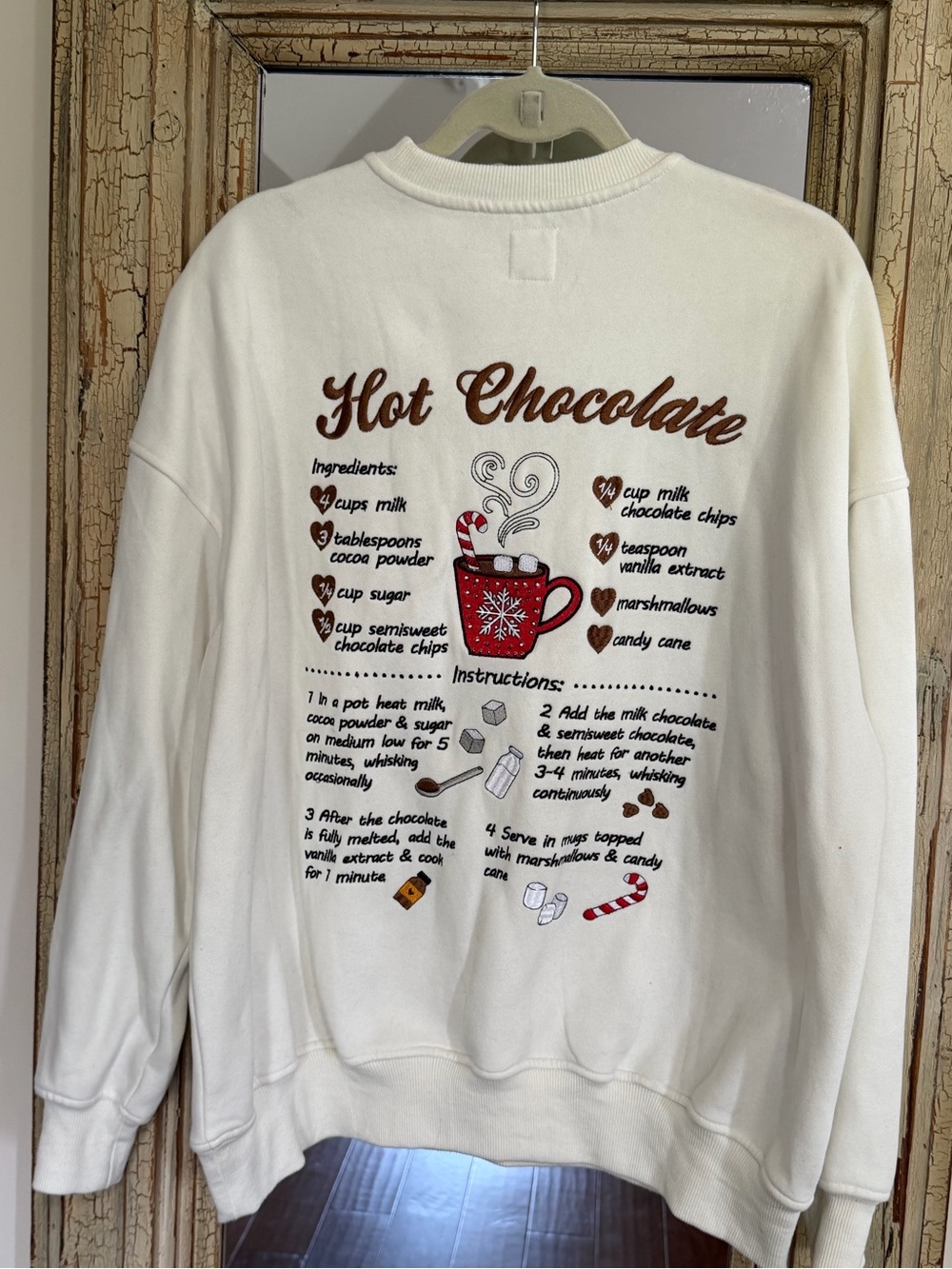 Women’s White Crewneck Sweatshirt with Red Hot Cocoa Graphic and Recipe - Picture 3 of 5